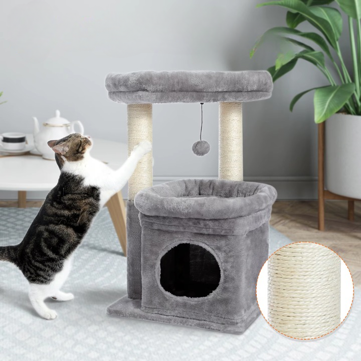 Arbre à Chat Gris Multifonction avec Niche, Griffoirs Naturels et Jouet Suspendu