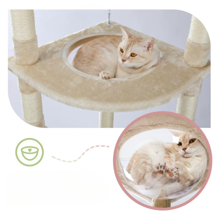 Arbre à chat beige du sol au plafond avec griffoirs, hamac et condo douillet