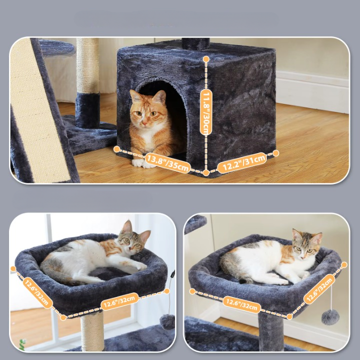 Arbre à Chat gris et blanc multi-niveaux avec Poteaux en Sisal, Niche et Coussin Doux – Idéal pour Chats d’Intérieur