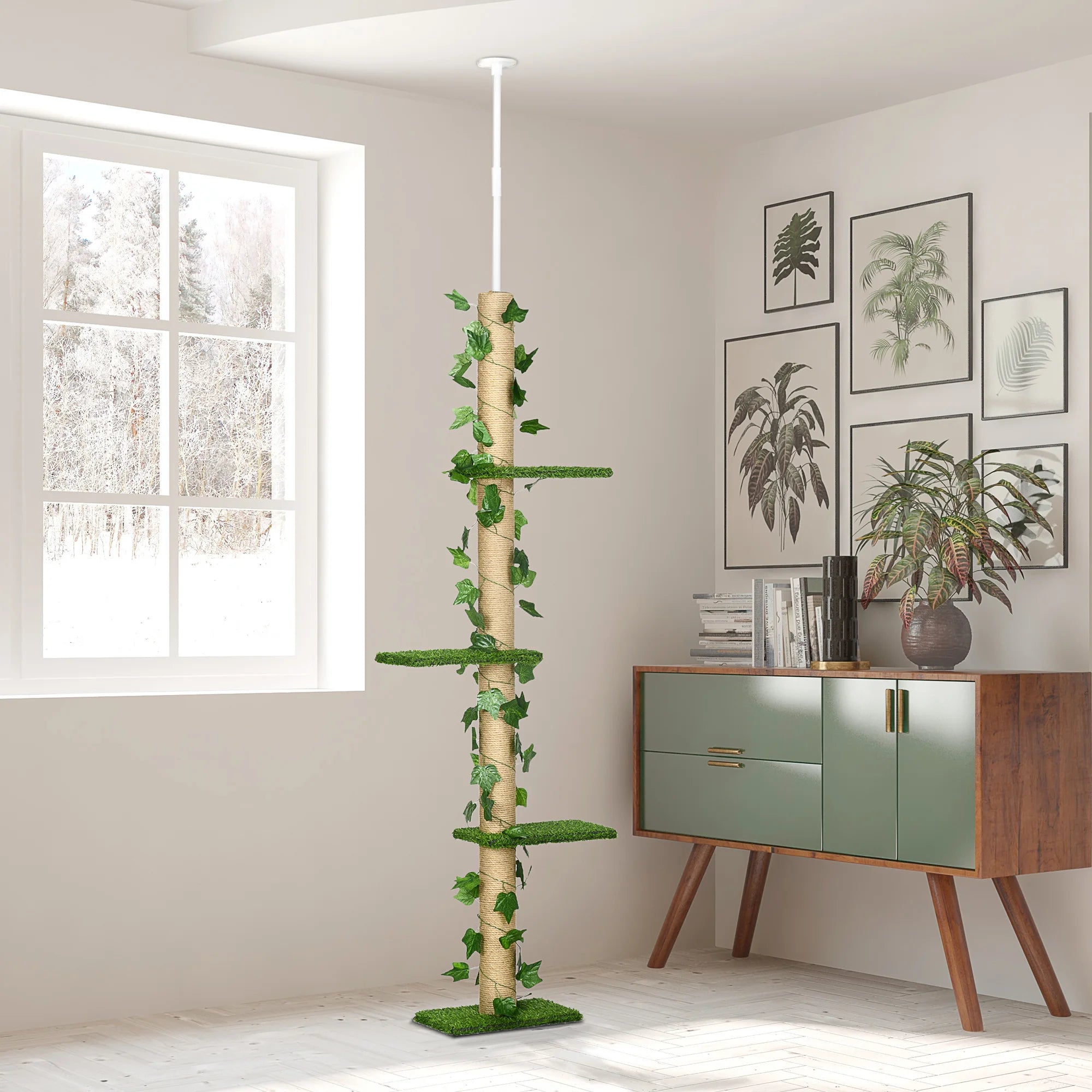Arbre à chat du sol au plafond – Arbre à chat beige/vert multi-niveaux hauteur réglable 202 à 242 cm