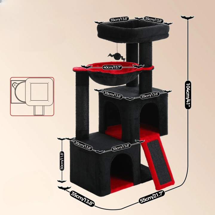 Arbre à chat noir multi-niveaux robuste 105 cm – poteaux à griffer et jouets inclus