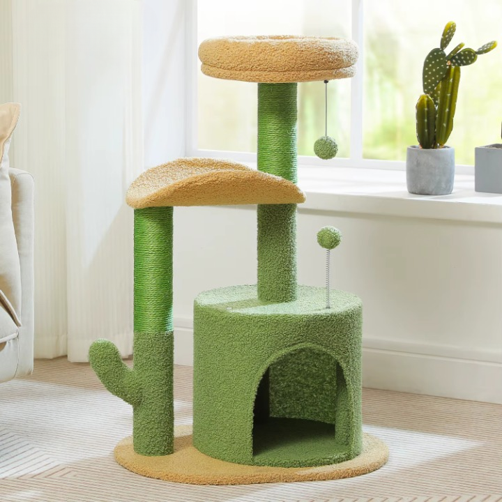 Arbre à chat design cactus avec griffoir sisal et maisonnette