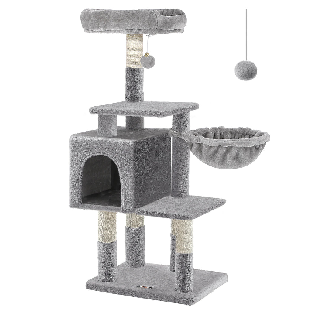 Arbre à chat multi-niveaux 110 cm – Tour pour chat grise avec condo et perchoirs