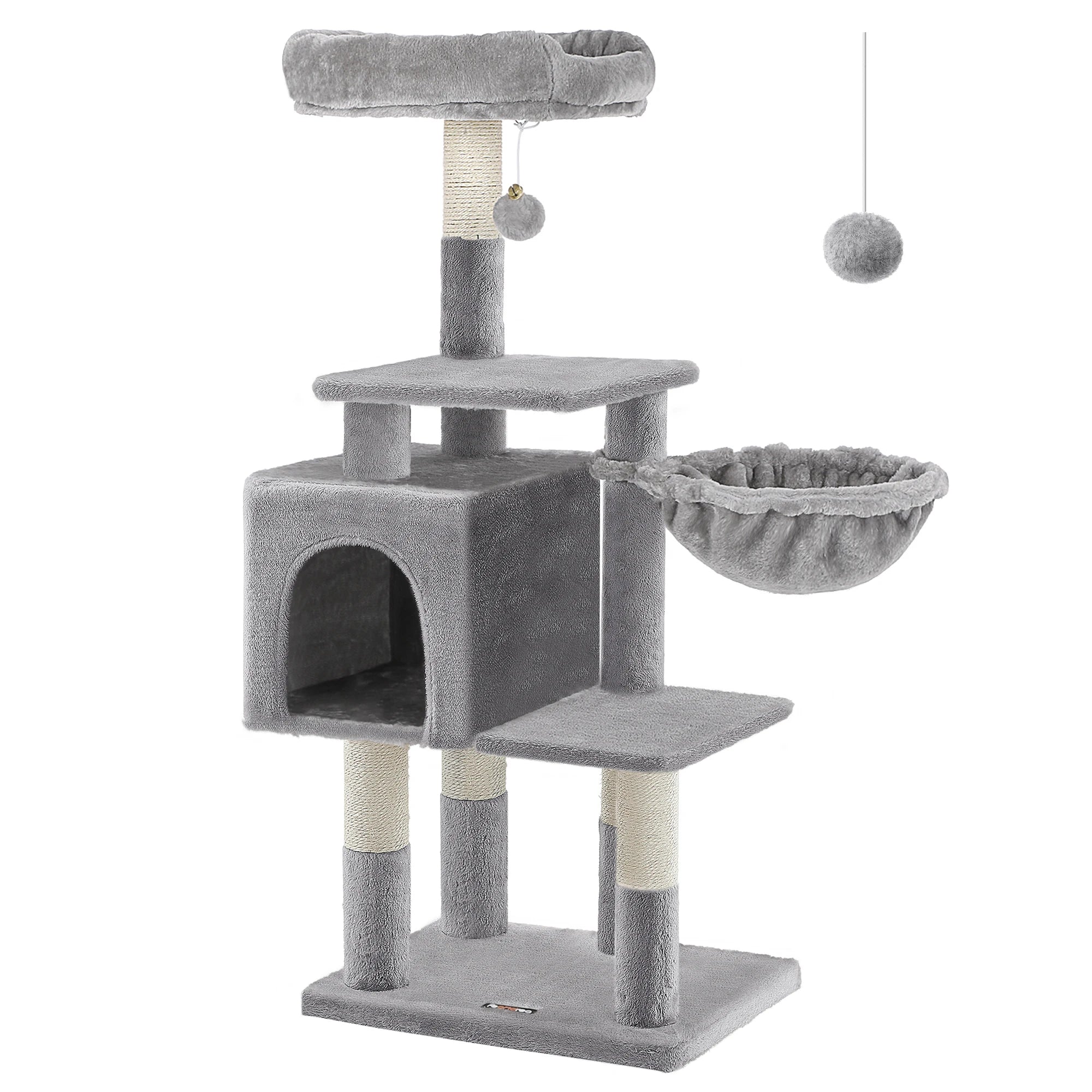 Arbre à chat multi-niveaux 110 cm – Tour pour chat grise avec condo et perchoirs