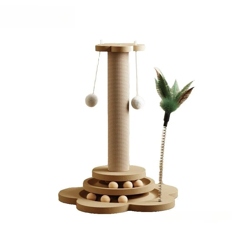 Griffoir Chat Interactif 4 en 1 Bois - Poteau Sisal, Piste Balles, Plumes et Pompons