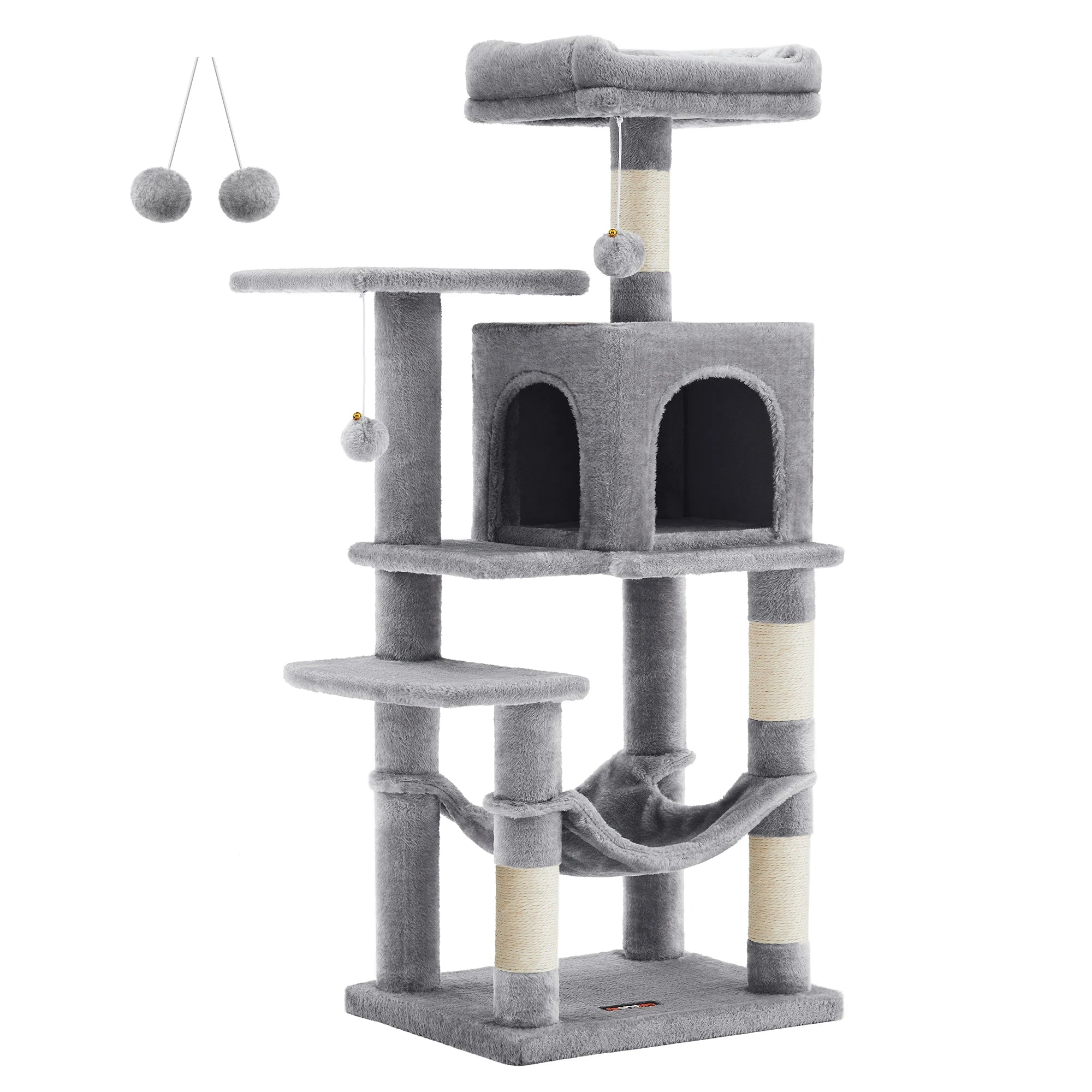 Arbre à chat gris 112 cm – Arbre à chat multi-niveaux avec 4 griffoirs, 2 perchoirs et niche douillette pour chats d’intérieur