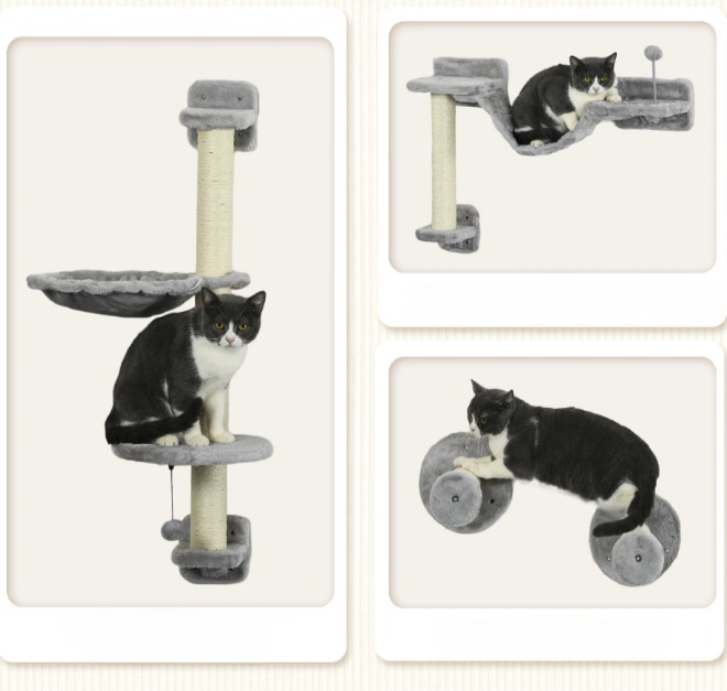 Arbre à chat mural avec hamac suspendu gris/beige