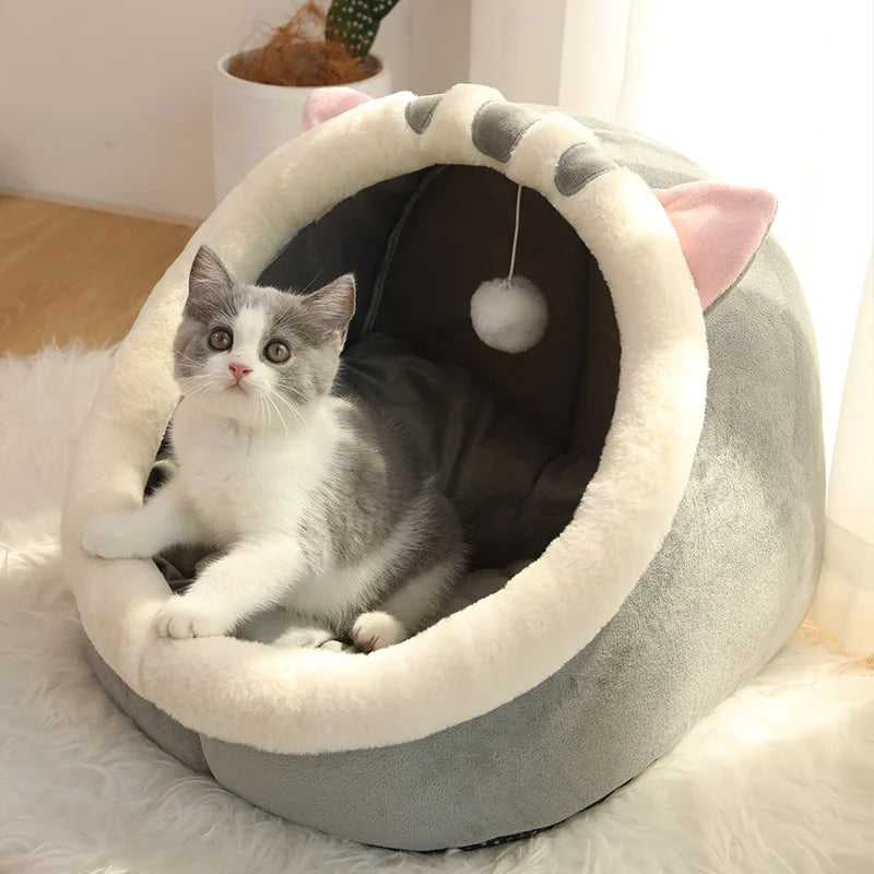 Niche Chat Igloo Peluche avec Oreilles - Panier Douillet Semi-Fermé pour Chat