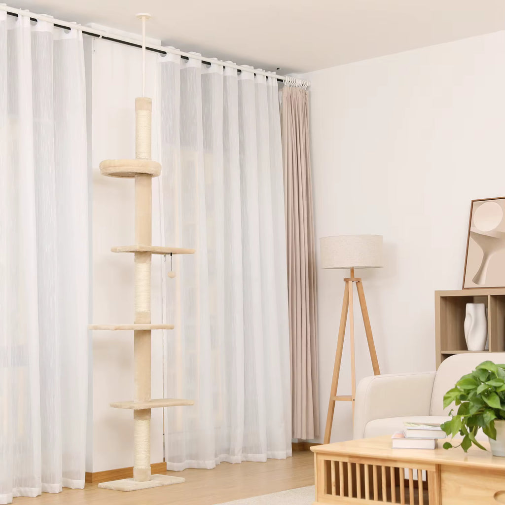Arbre à chat beige et blanc ajustable de 243 à 273 cm – Arbre à chat du sol au plafond avec poteaux à griffer et jouets
