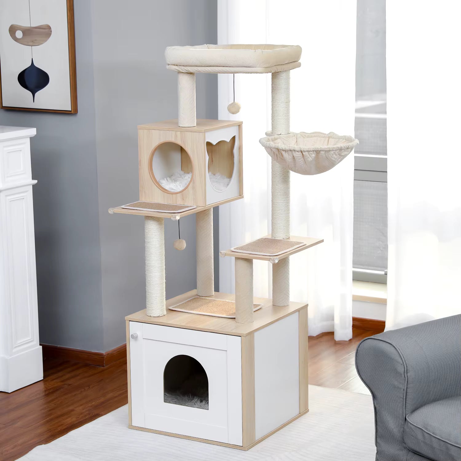 Arbre à Chat Beige et Blanc Multi-Niveaux en Bois avec Griffoirs, Niche Spacieuse, Hamac, Perchoir et Jouets