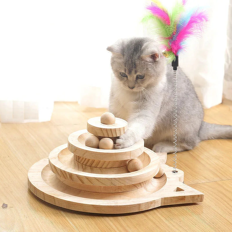 Jouet Chat Interactif en Bois - Piste à Balles Tournante avec Plumes Anti-Ennui
