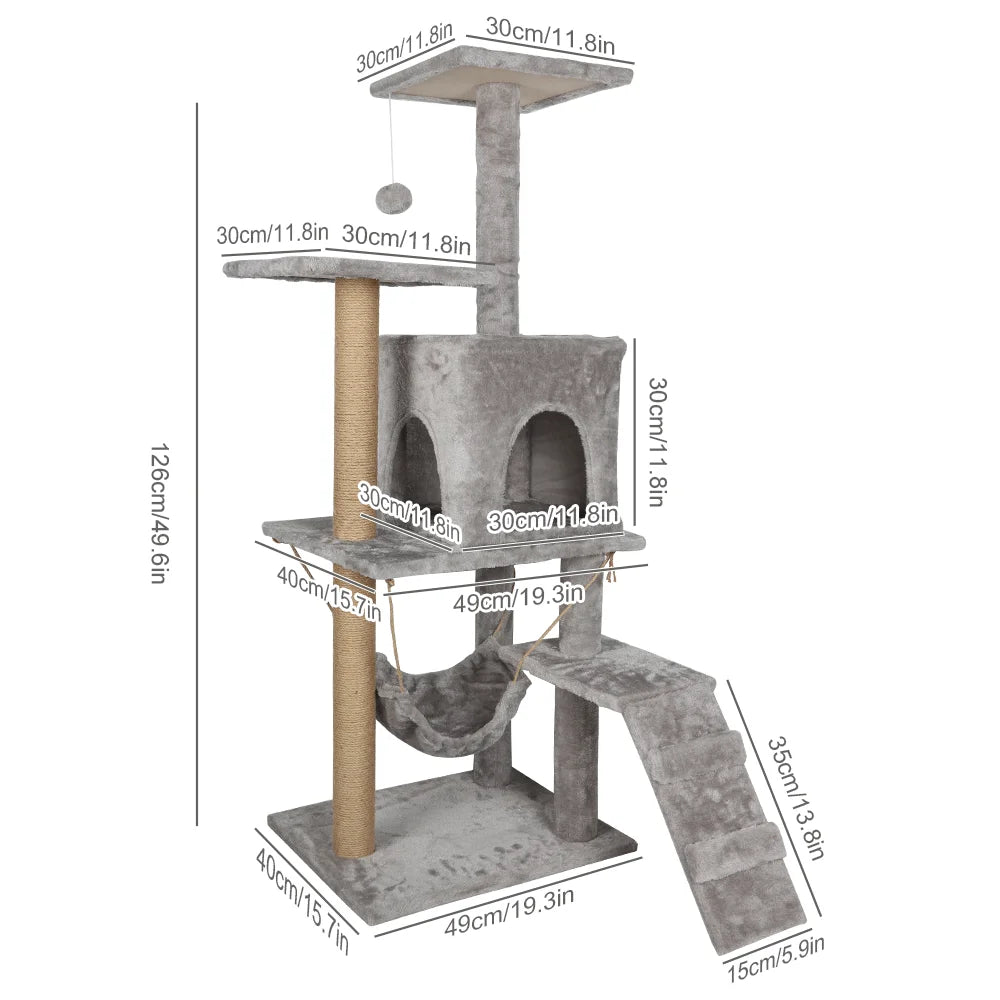 Arbre à chat gris 126 cm multi-niveaux avec griffoirs, perchoir, niche et hamac