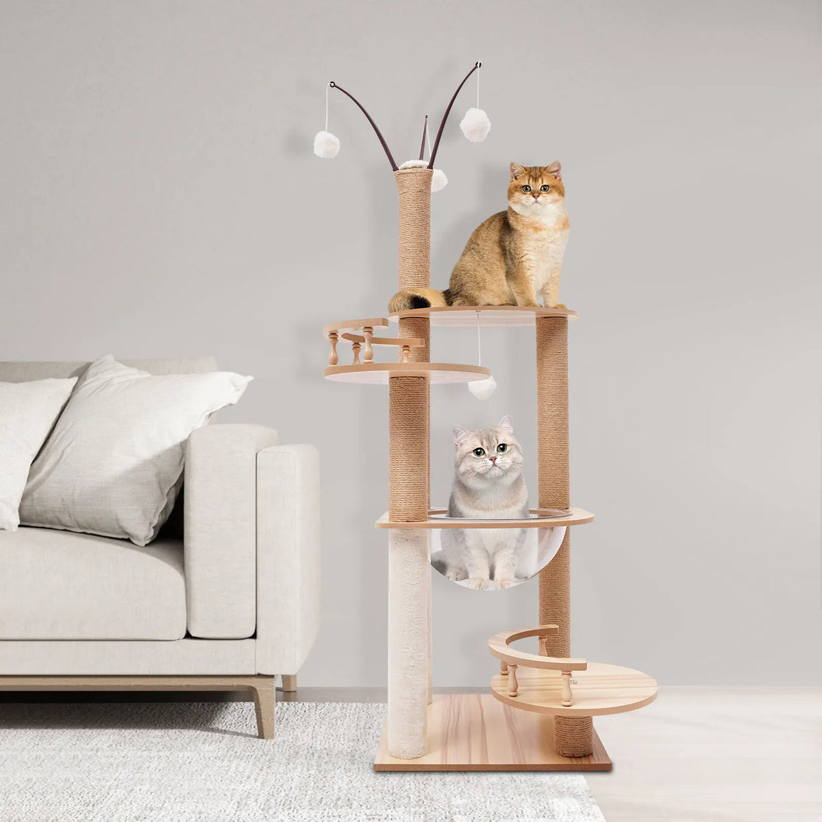 Arbre à chat multi-niveaux avec poteaux en sisal