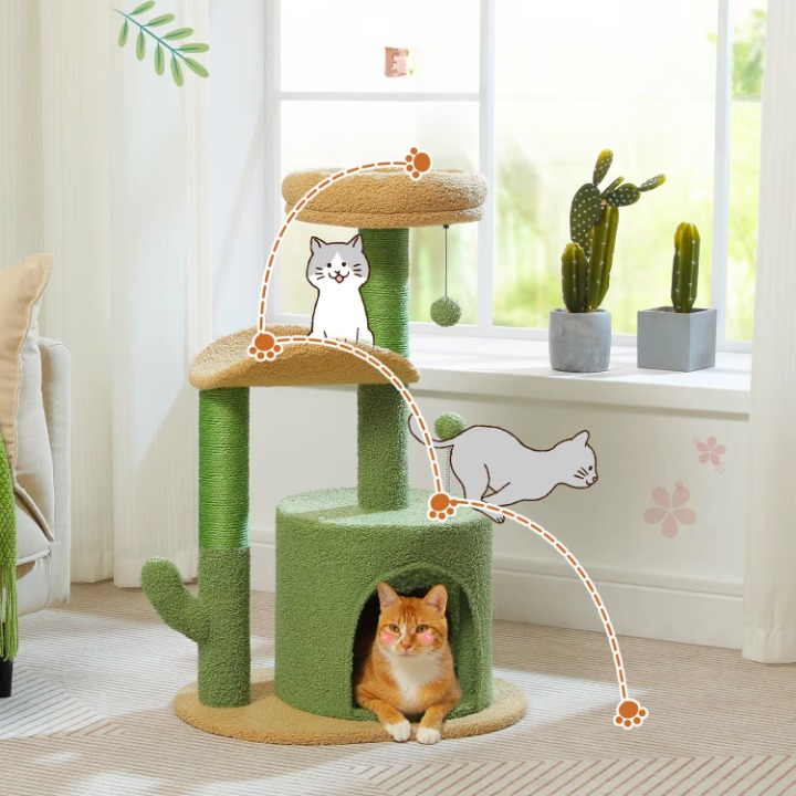 Arbre à chat design cactus avec griffoir sisal et maisonnette