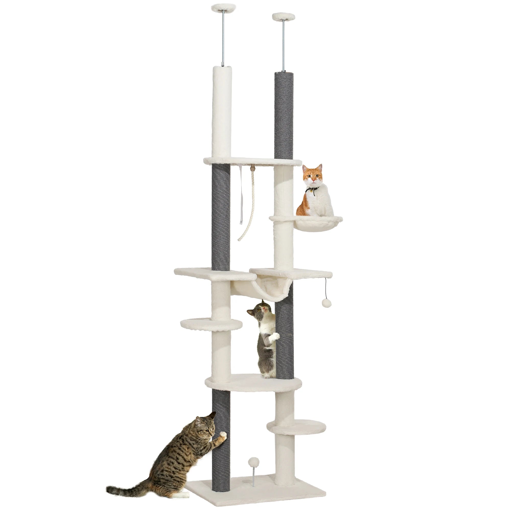 Arbre à Chat noir et blanc Sol-Plafond avec Hamac, Jouets et Griffoirs – Hauteur Ajustable 225-255 cm
