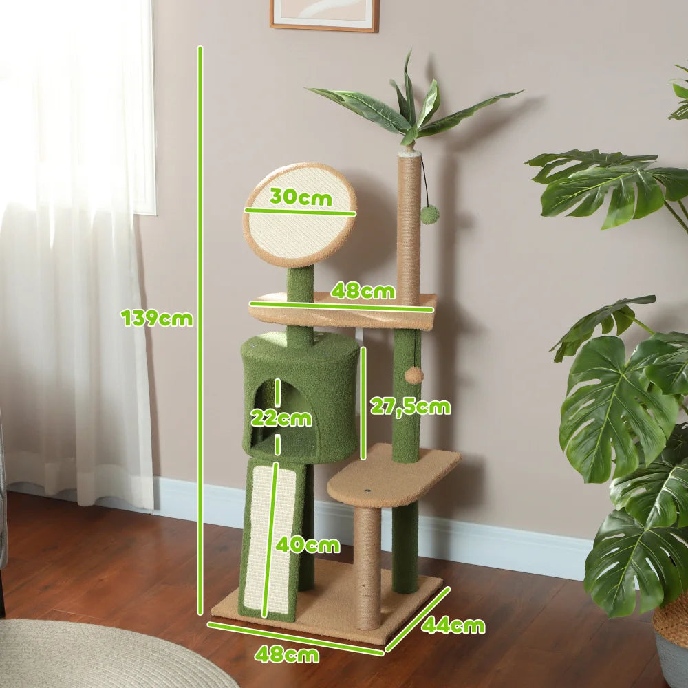 Arbre à chat vert style plante 139 cm avec niche, balle et poteaux à griffer