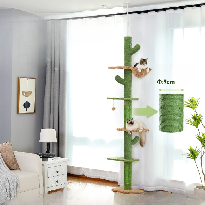 Arbre à chat vert ajustable de 229 à 275 cm – Tour du sol au plafond avec griffoirs, hamac, condo et balles suspendues