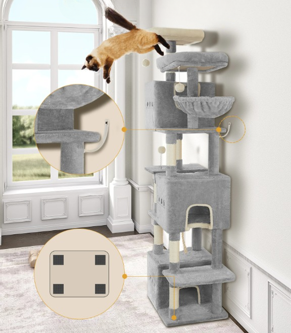 Arbre à chat gris XXL 193 cm – Arbre à chat multi-niveaux avec griffoirs, plateformes et hamacs