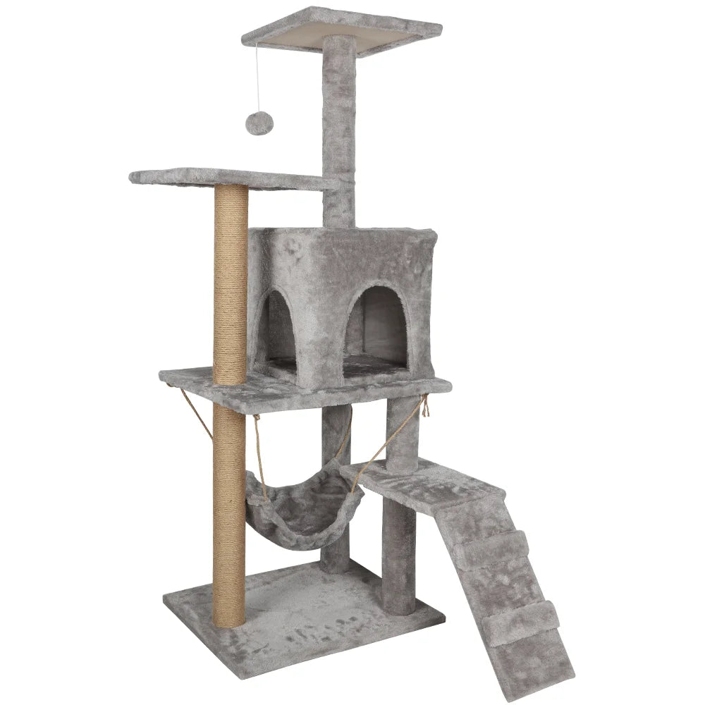 Arbre à chat gris 126 cm multi-niveaux avec griffoirs, perchoir, niche et hamac