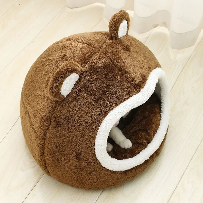 Niche Chat Forme Ours Peluche Semi-Fermé Douillet avec Oreilles Mignonnes