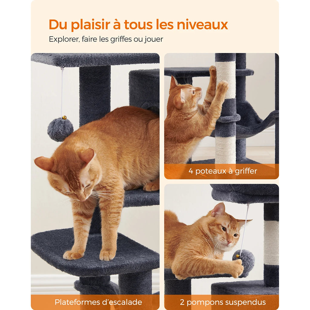 Arbre à chat noir 112 cm – Arbre à chat multi-niveaux avec 4 griffoirs, 2 perchoirs et niche douillette pour chats d’intérieur