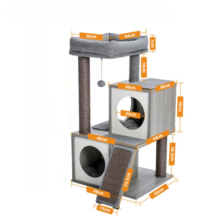 Arbre à chat gris 130 cm avec niches, hamac et griffoirs sisal