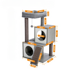 Arbre à Chat Gris 130 cm avec 2 Niches, Hamac Douillet et Griffoirs en Sisal