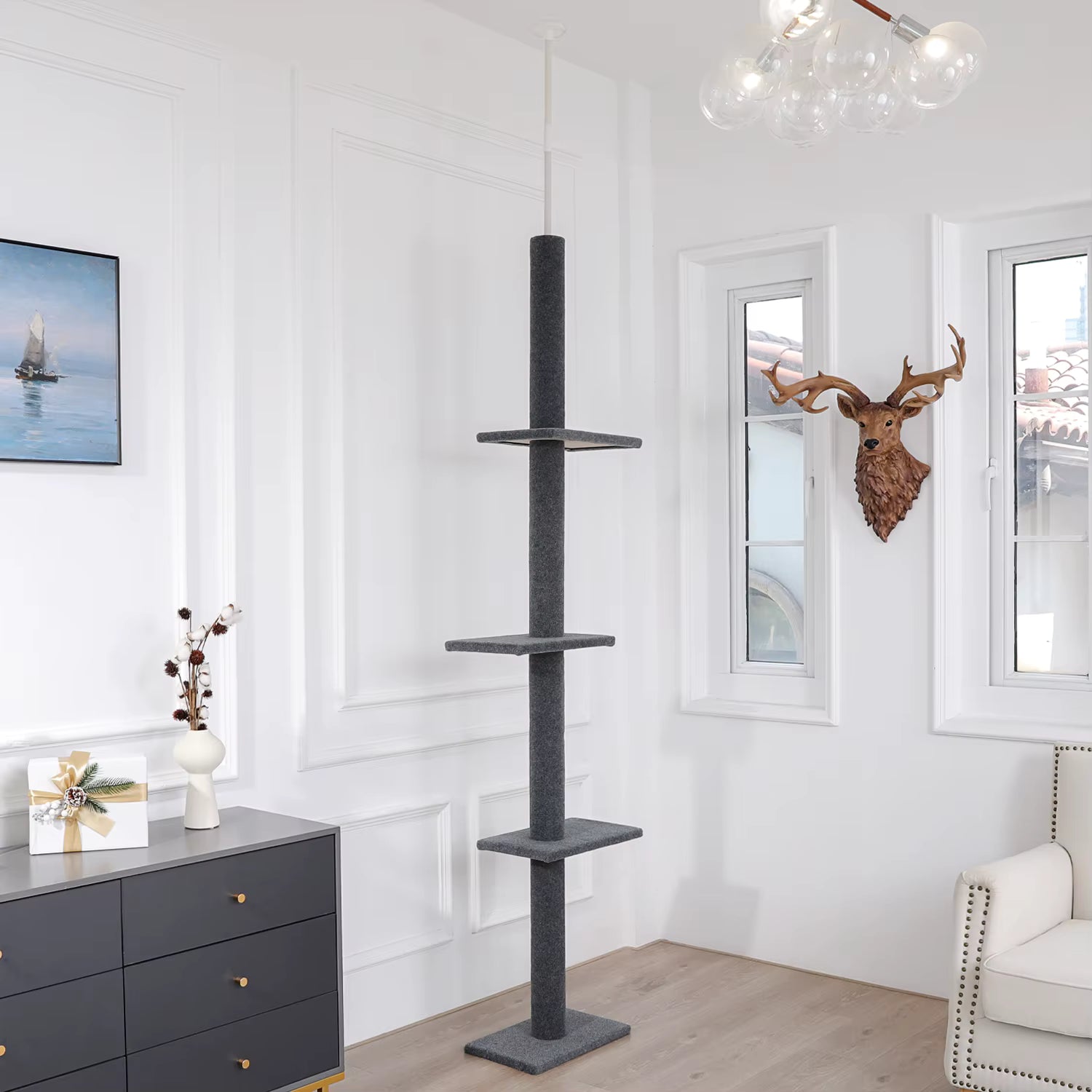 Arbre à chat noir ajustable de 243 à 273 cm – Arbre à chat du sol au plafond avec poteaux à griffer et jouets