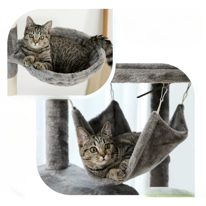 Arbre à Chat noir et blanc Sol-Plafond avec Hamac, Jouets et Griffoirs – Hauteur Ajustable 225-255 cm