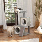 Arbre à Chat Gris 130 cm avec 2 Niches, Hamac Douillet et Griffoirs en Sisal
