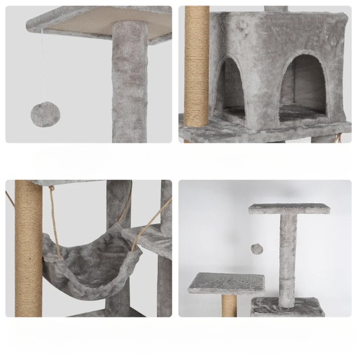 Arbre à chat gris 126 cm multi-niveaux avec griffoirs, perchoir, niche et hamac