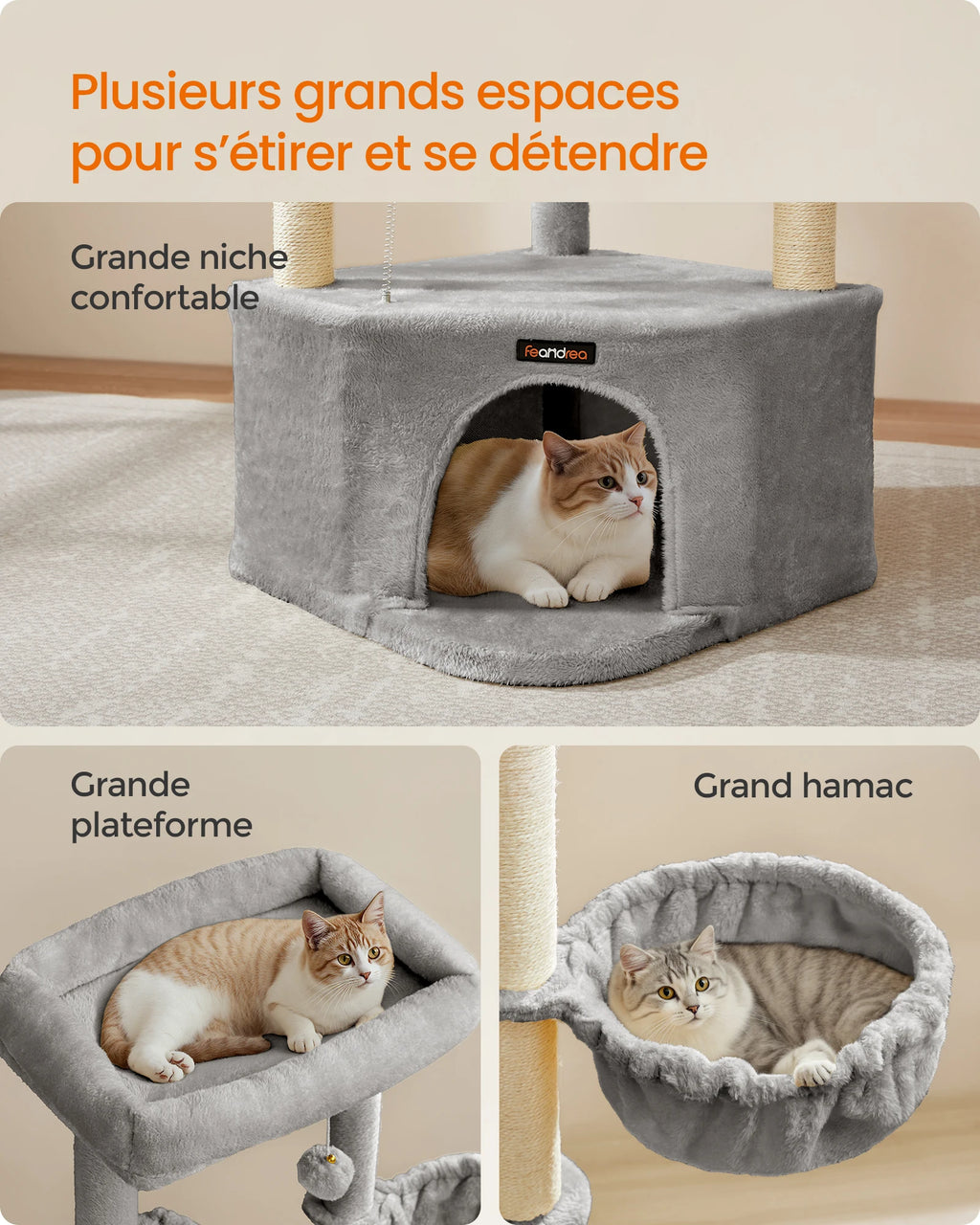 Arbre à chat gris 140 cm avec niche, grands plateaux, hamac et jouets suspendus – Confort et jeu pour chats d’intérieur