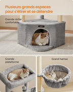 Arbre à chat gris 140 cm avec niche, grands plateaux, hamac et jouets suspendus – Confort et jeu pour chats d’intérieur
