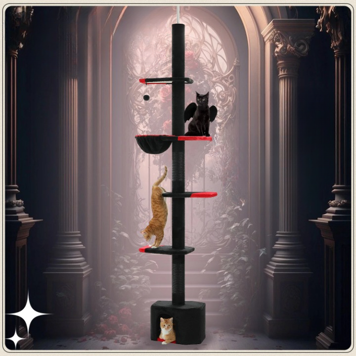 Arbre à chat noir ajustable de 264 à 304 cm – Tour du sol au plafond avec griffoirs, hamac, condo et balles suspendues