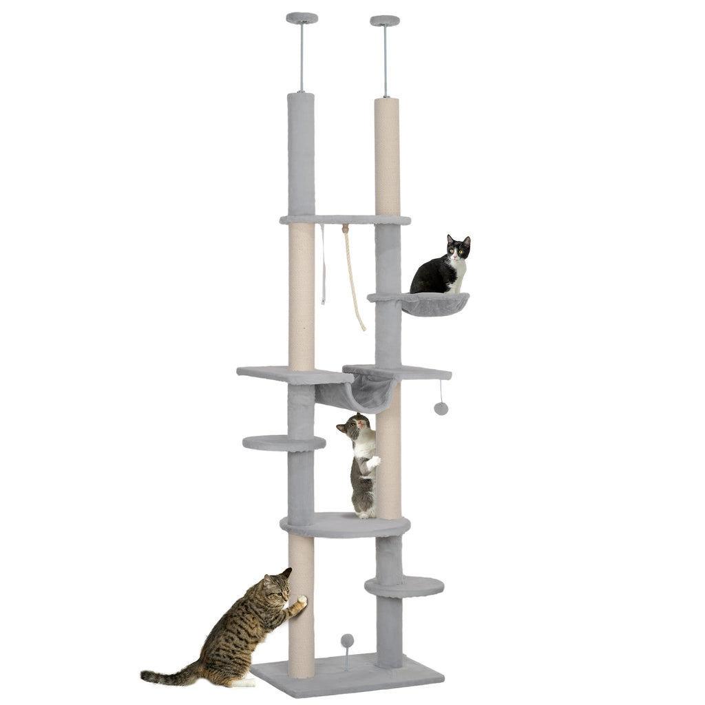 Arbre à Chat gris Sol-Plafond avec Hamac, Jouets et Griffoirs – Hauteur Ajustable 225-255 cm