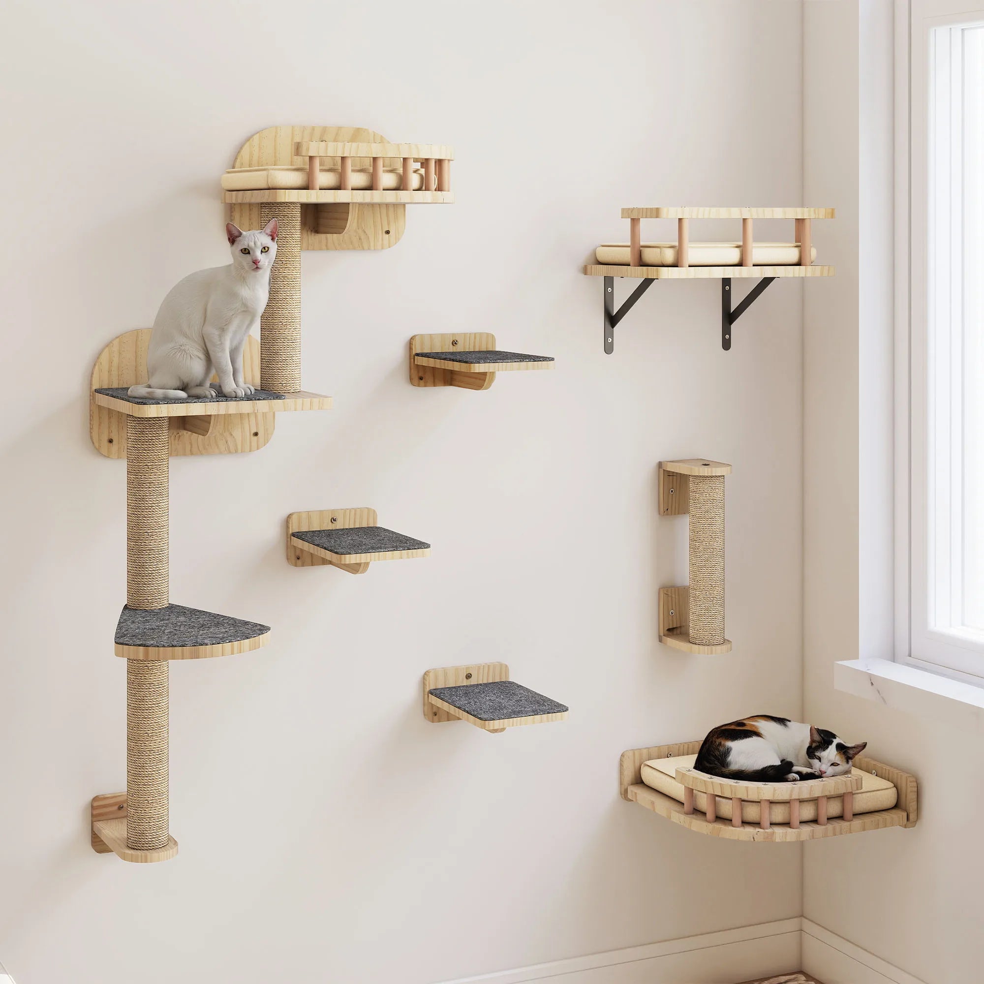 Arbre à Chat Mural en Bois – Ensemble Complet 7 Pièces avec Griffoirs, Lit et Escaliers