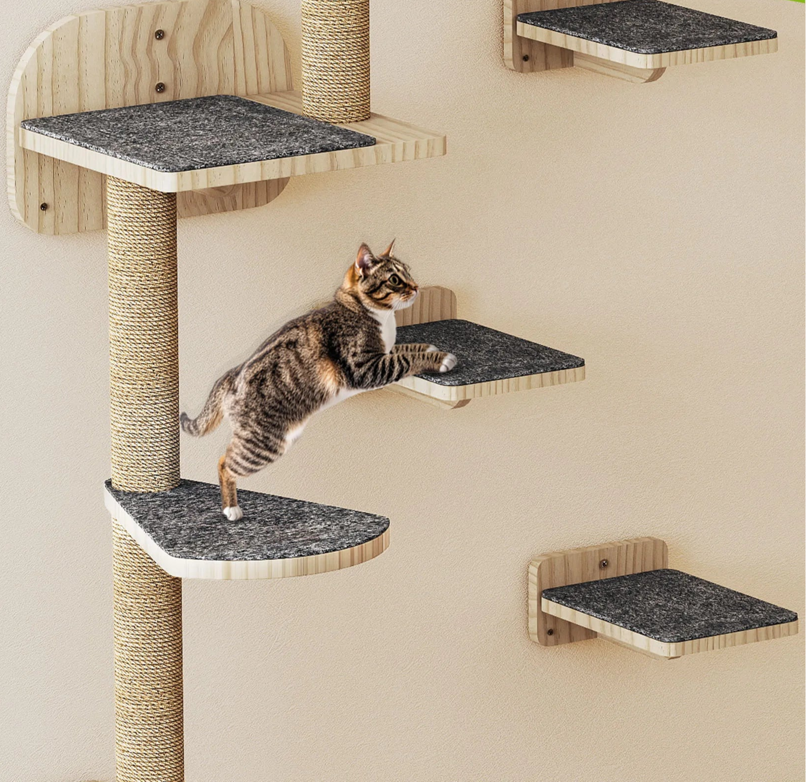 Arbre à Chat Mural en Bois – Ensemble Complet 7 Pièces avec Griffoirs, Lit et Escaliers