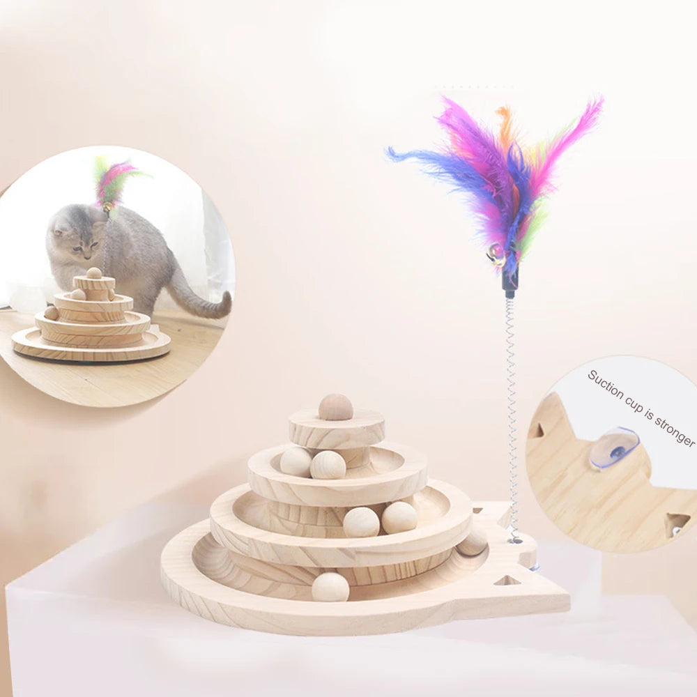 Jouet Chat Interactif en Bois - Piste à Balles Tournante avec Plumes Anti-Ennui