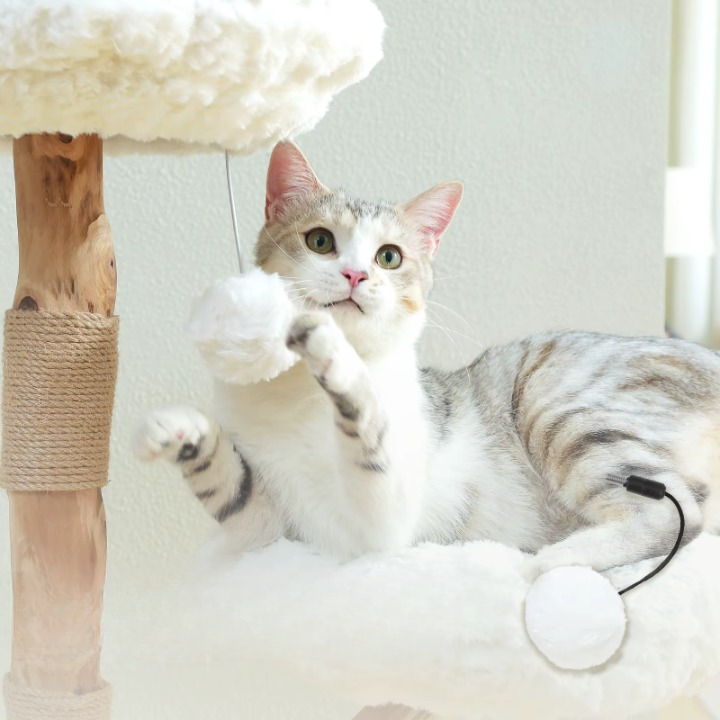 Arbre à chat moderne style fleur avec poteaux à griffer en bois massif, lit condo de luxe pour chats d’intérieur