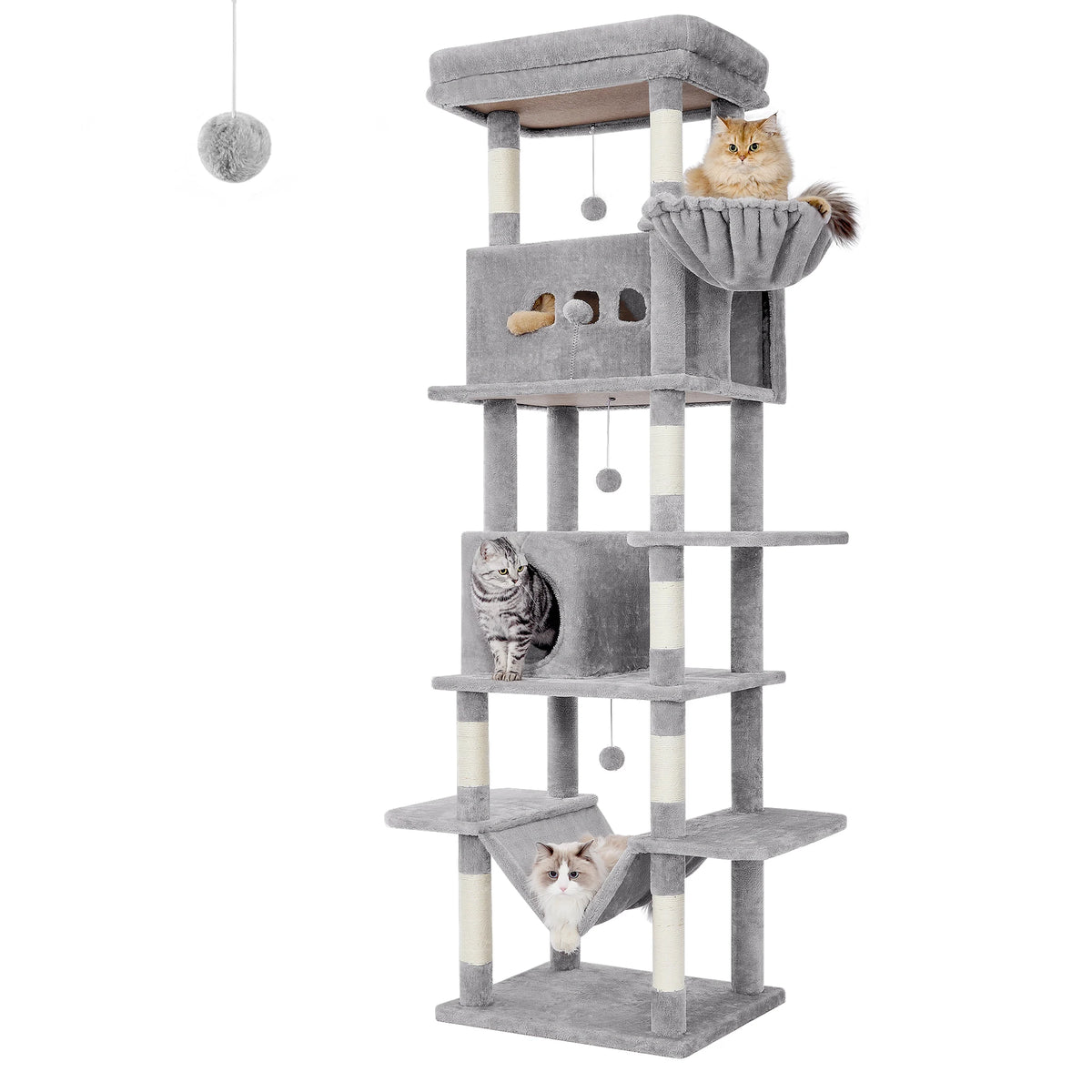 Arbre à chat XXL gris 210 cm avec maisonnette et griffoirs