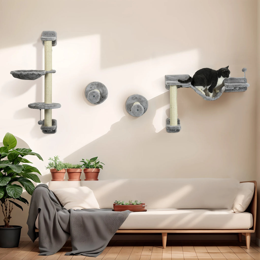 Arbre à chat mural avec hamac suspendu gris/beige