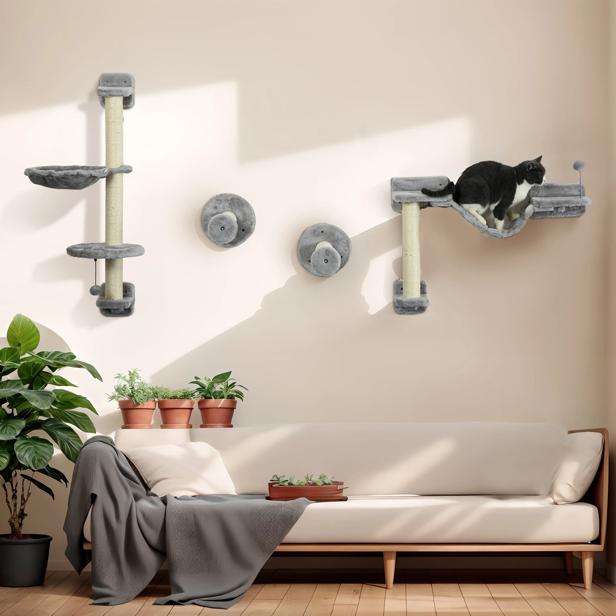 Arbre à chat mural avec hamac suspendu gris/beige