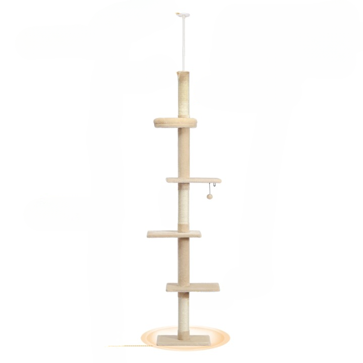 Arbre à chat beige et blanc ajustable de 243 à 273 cm – Arbre à chat du sol au plafond avec poteaux à griffer et jouets