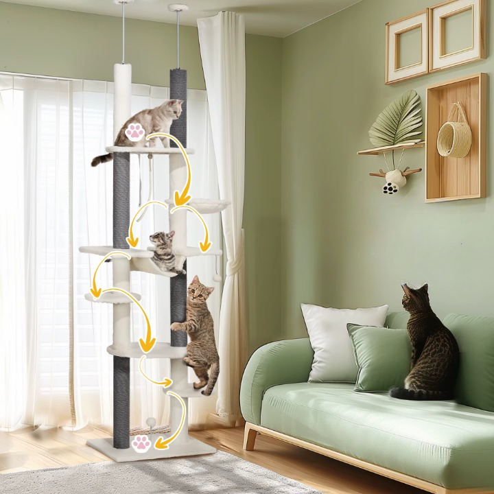 Arbre à Chat noir et blanc Sol-Plafond avec Hamac, Jouets et Griffoirs – Hauteur Ajustable 225-255 cm