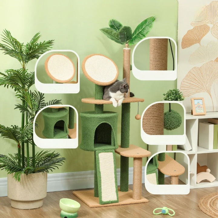 Arbre à chat vert style plante 139 cm avec niche, balle et poteaux à griffer