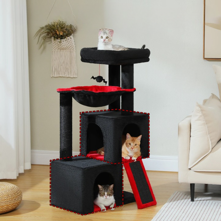 Arbre à chat noir multi-niveaux robuste 105 cm – poteaux à griffer et jouets inclus