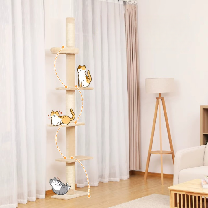 Arbre à chat beige et blanc ajustable de 243 à 273 cm – Arbre à chat du sol au plafond avec poteaux à griffer et jouets