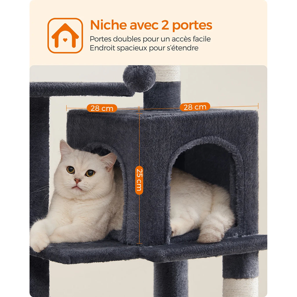 Arbre à chat noir 112 cm – Arbre à chat multi-niveaux avec 4 griffoirs, 2 perchoirs et niche douillette pour chats d’intérieur