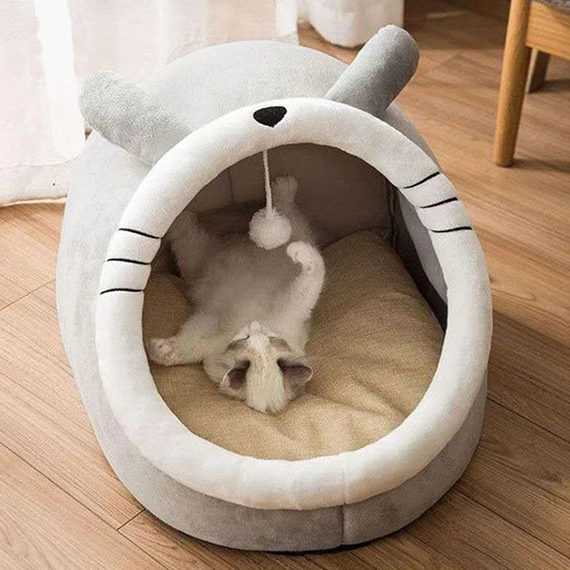 Niche Chat Igloo Peluche avec Oreilles - Panier Douillet Semi-Fermé pour Chat