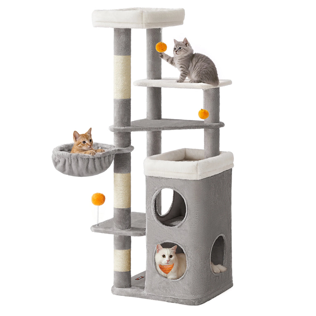 Arbre à Chat Gris 152 cm – Hamac, 2 Caches Spacieuses, 3 Griffoirs et Plateformes pour Chats